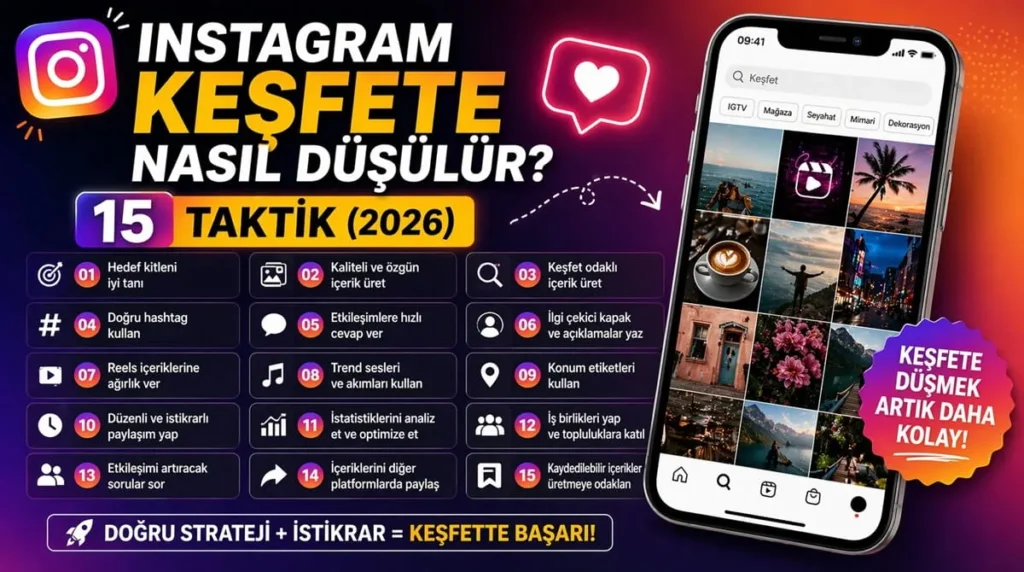 Instagram Keşfete Nasıl Düşülür? 15 Taktik (2026)