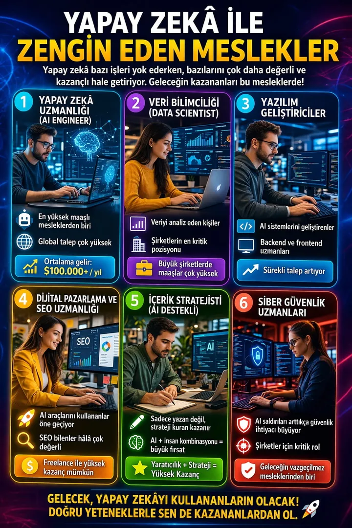 AI mühendisliği, veri bilimi, yazılım, SEO ve siber güvenlik gibi alanlar geleceğin en yüksek gelirli kariyerleri arasında yer alıyor.